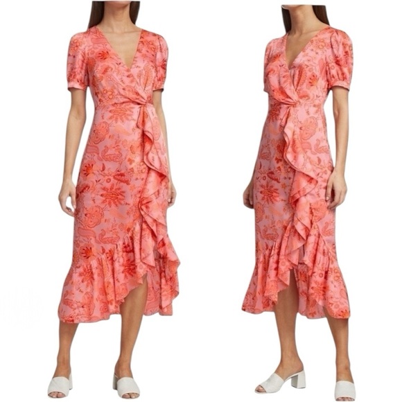 CINQ A SEPT Kay Faux Wrap Floral Print Short Flutter Sleeve MIDI Cocktail Dress - Picture 3 of 15